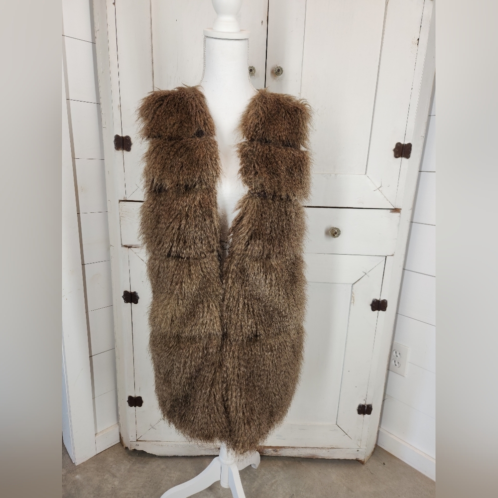 Calvin Klein Jeans Long Brown Fur Vest Womens sz Small Coat, Jacket